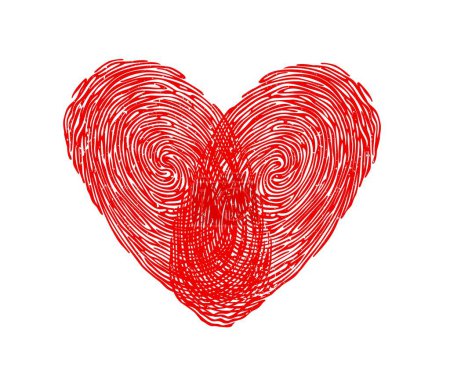 Illustration for Fingerprint heart for love, wedding and Valentine, finger print or thumbprint, vector icon. Romance love, marriage and RSVP greeting or invitation card, red heart of fingerprint with doodle line art - Royalty Free Image