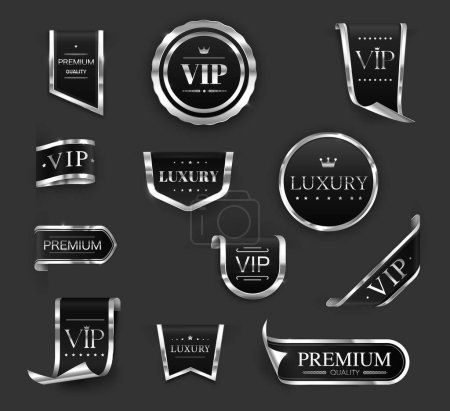 Illustration for Silver luxury VIP labels and banners, ribbons or badges and premium quality vector stickers. VIP certificate labels and exclusive silver black emblems or premium quality tags with crown and stars - Royalty Free Image