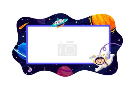 Illustration for Cartoon galaxy space kid frame or border with child spaceman float in weightlessness, planets, stars and ufo saucer at cosmic landscape. Vector empty card with funny baby astronaut explore Universe - Royalty Free Image