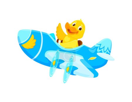 Illustration for Baby animal character on plane. Cartoon animal duck kid airplane pilot. Isolated vector adorable aviator bird joyfully flying, brings cuteness to the skies with feathered charm and airborne adventures - Royalty Free Image