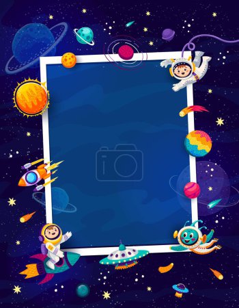Téléchargez les illustrations : Cadre photo anniversaire avec planètes spatiales galaxie, fusée et étoiles, ufo et astronautes. Bordure rectangulaire vectorielle, caractéristiques fantaisistes objets célestes, créant une toile de fond cosmique pour les souvenirs chéris - en licence libre de droit