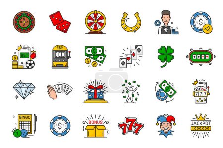 Illustration for Casino line icons, vector roulette, dice, lucky wheel and horseshoe. Croupier, chip, slot machine and money bills or coins, Playing cards, clover, brilliant and car prize. Bingo, joker and jackpot win - Royalty Free Image