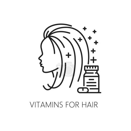 Illustration for Hair care line icon of vitamins for hair beauty and nutrition treatment, outline vector. Woman head icon and vitamins for dry hair loss or dandruff treatment for healthy hair follicles and growth - Royalty Free Image