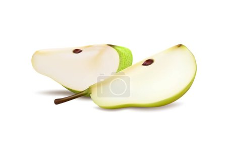 Illustration for Ripe raw realistic green pear fruit isolated quarter slices glistening with sweetness, reveal their succulent juicy texture. Two 3d vector wedges capture the essence of freshness, tempting taste buds - Royalty Free Image