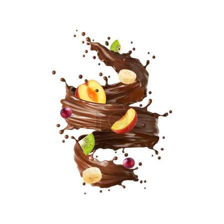 Illustration for Realistic chocolate yogurt, cream or choco milk drink swirl splash with tropical fruits and sweet cocoa drops. Vector peach, banana and kiwi slices in 3d whirl of melted dark chocolate or youghurt - Royalty Free Image