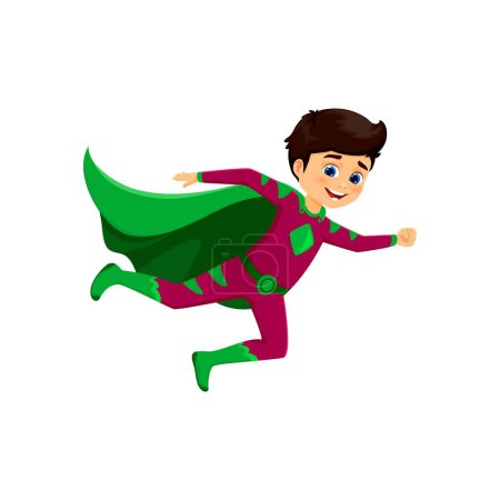 Illustration for Cartoon kid superhero character. Isolated vector lively boy super hero, donned in a vibrant costume with a cape billowing, exudes excitement and courage, ready to conquer adventures and save the day - Royalty Free Image