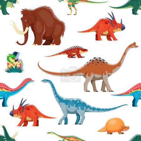 Ilustración de Dinosaurio de dibujos animados, personajes de animales prehistóricos patrón sin costuras. Impresión de vectores textiles, telón de fondo sin costuras con dinosaurios Mamut, Styracosaurus, Pelorosaurus y Euhelopus, Shansisuchus, Amargasaurus - Imagen libre de derechos