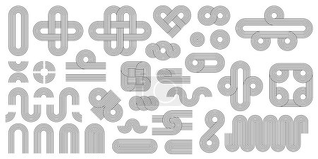 Illustration for Geometric line Zen arch pattern elements, figures and stroke shapes, vector linear symbols. Abstract minimalist outline Zen pattern shapes of heart, wave or curve zigzag and square with knit knots - Royalty Free Image