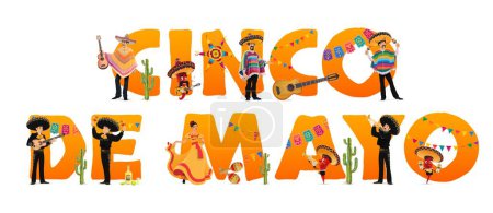Téléchargez les illustrations : Cinco de mayo bannière de vacances avec des caractères mexicains nationaux. Typographie isolée vectorielle colorée avec mariachis traditionnels, homme latino, danseuse de flamenco et musicienne jalapeno personnages de poivre - en licence libre de droit