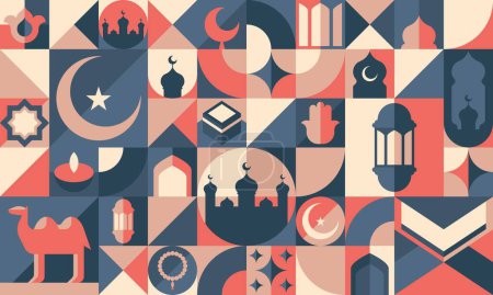 Illustration for Ramadan geometric Islam pattern or modern Muslim background, abstract vector. Mosque, Arabian lantern lamp and crescent moon in geometric pattern of Bauhaus style for Ramadan Kareem or Eid Mubarak - Royalty Free Image
