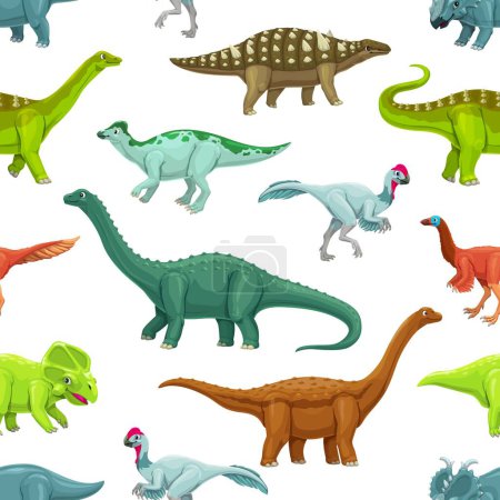 Ilustración de Dibujos animados dinosaurios personajes patrón sin costuras. Impresión de vector de tela con Quaesitosaurus, Opisthocoelicaudia, Magyarosaurus y Elmisaurus, Protoceratops, Struthiosaurus dinosaurios divertidos personajes lindos - Imagen libre de derechos