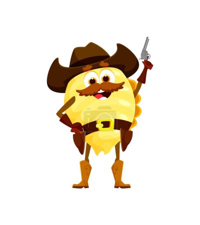 Cartoon Italian pasta cowboy or sheriff with revolver gun, vector character. Bandit robber or ranger in cowboy sombrero with bandoleer in Western boots, conchiglie pasta personage for kids