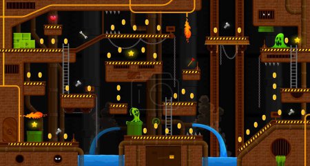 Illustration for Arcade underground sewage and wastewater game level map interface. Brick platforms and golden coins, stairs, ghosts and toxic waste. Vector 2d ui canalization landscape with bonus assets and monsters - Royalty Free Image