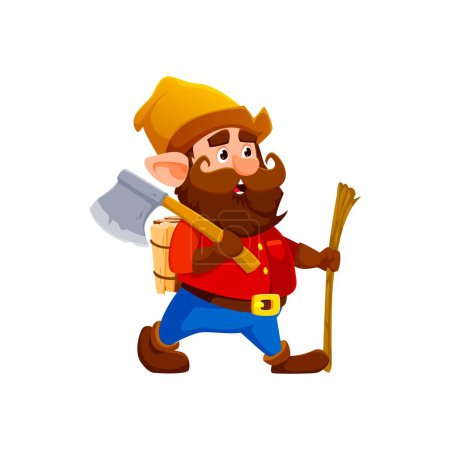 Illustration for Cartoon gnome or dwarf lumberjack character Isolated vector personage with a bushy beard, red shirt, and an oversized axe, exuding charm and mischief while bringing a touch of woodland magic to life - Royalty Free Image