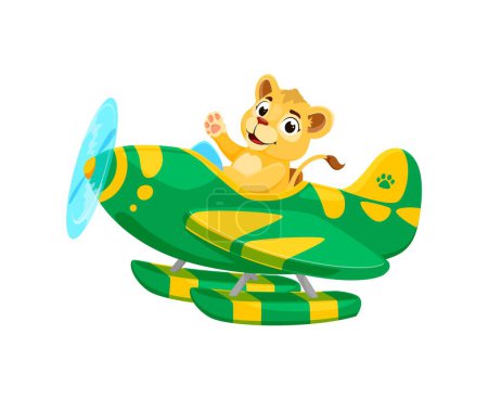 Illustration for Baby animal character on plane. Cartoon animal lion kid airplane pilot. Isolated vector cute cub joyfully navigates a whimsical biplane through the fluffy clouds, radiating innocence and adventure - Royalty Free Image