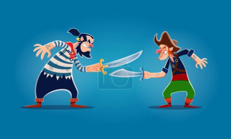 Illustration for Two cartoon pirates, corsair and sailor characters fighting on sabers or swords, vector personages. Angry pirate filibusters or corsairs with sabers or swords, Caribbean adventure buccaneer characters - Royalty Free Image