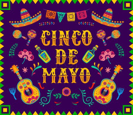Téléchargez les illustrations : Cinco de mayo bannière de vacances mexicaine. Fond coloré avec guitare vectorielle de dessin animé, chapeau sombrero, maracas, tequila et fleurs tropicales. Carte de voeux pour l'événement traditionnel de célébration du Mexique - en licence libre de droit