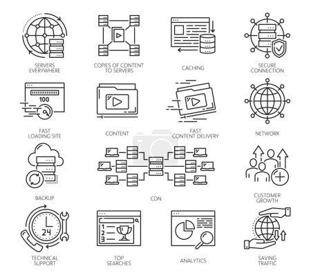 Illustration for CDN, content delivery network icons. Vector thin line data center proxy servers and computers. Web technology outline signs of digital content distribution, database, media files and document security - Royalty Free Image