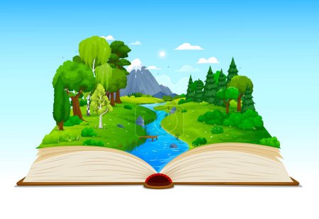 Illustration for Cartoon opened book with lake, river or pond, green meadow and forest, vector nature landscape. Mountain rock and river in summer forest valley on book pages for fairy tale story or game background - Royalty Free Image