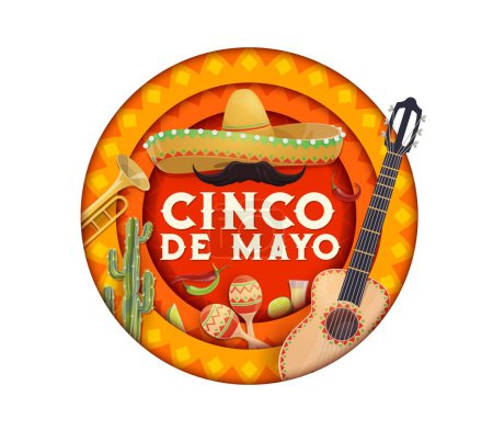 Illustration for Mexican Cinco de Mayo holiday paper cut banner with sombrero, cactus and tequila in vector papercut. Mexican musical instruments guitar, maracas and trumpet for 5 May holiday celebration in Mexico - Royalty Free Image