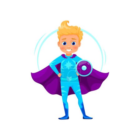 Personaje de superhéroe niño de dibujos animados. Vector aislado intrépido superhéroe niño en traje azul y capa púrpura, se levanta con sonrisa radiante, listo para conquistar aventuras y salvar el día con energía ilimitada