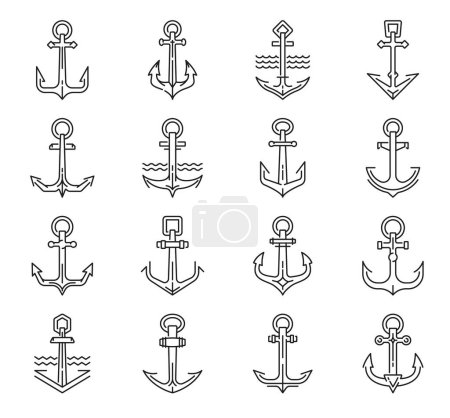 Illustration for Marine anchor line icons, maritime vessel signs. Navy boats, sea and ocean travel outline symbols, yachting club sailing ship metal anchor, nautical or marine cruise vessel hook vector icons set - Royalty Free Image