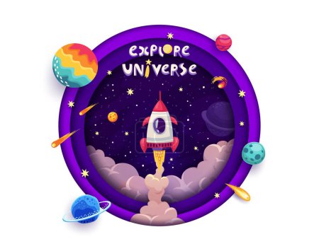 Illustration for Space paper cut banner with rocket launch, galaxy planets and stars. Cartoon 3d vector design with spaceship in starry Universe and papercut round frame. Futuristic cosmic travel and cosmos explore - Royalty Free Image