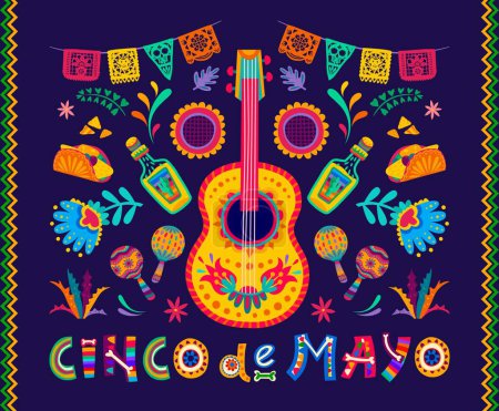 Illustration for Cinco de Mayo mexican holiday banner with guitar, papel picado flags, food and tropical flowers vector pattern. Mexico fiesta mariachi guitar, maracas, tequila, tex mex tacos and paper cut bunting - Royalty Free Image