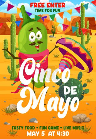 Illustration for Jalapeno pepper character on Cinco de mayo mexican holiday flyer. Vector invitation for party celebration with cartoon green guindilla personage wear sombrero in desert with cacti and festive garlands - Royalty Free Image