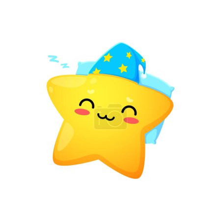 Illustration for Cartoon cute cheerful kawaii star and happy twinkle character peacefully slumbers in a nightcap. Isolated vector sleeping celestial toon personage, surrounded by a tranquil aura of bedtime magic - Royalty Free Image