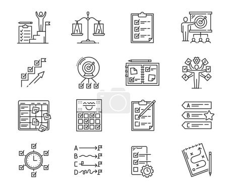 Illustration for Planning icons. Project, goal, management and schedule symbols. Vector business plan and strategy implementation, marketing mission, action plan and to do list clipboard, targeting, goal achievement - Royalty Free Image