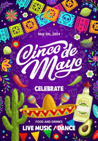 Illustration for Cinco de mayo holiday flyer or banner for Mexican fiesta celebration, vector background. Mexico 5 May holiday festival or party event poster with sombrero, tequila, avocado and papel picado flags - Royalty Free Image