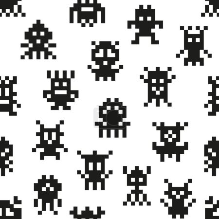 Ilustración de Pixel monstruos, juego arcade patrón sin costuras. Fondo de tela o textil, fondo de pantalla vector sin costuras o imprimir con viejo monstruo alienígena píxel arcade, robot de videojuegos retro o personaje de criatura - Imagen libre de derechos