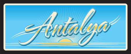 Illustration for Antalya city travel sticker and plate, vector tin sign. Turkey capital of Antalya Province luggage tag and tourist plaque with Turkish emblem and symbol, vacation tour travel destination. - Royalty Free Image