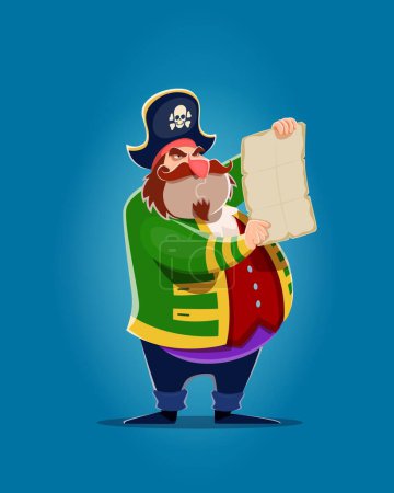 Cartoon pirate captain sailor character with treasures map, vector man personage. Pirate in corsair costume with tricorne hat and skull crossbones, Caribbean adventure character of sea filibuster