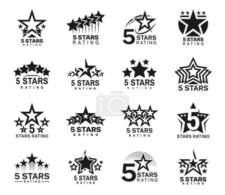 Illustration for Five star rating, best award or review icons for service satisfaction and opinion, vector symbols. 5 five star top rank or top favorite and high quality feedback and positive opinion rating icons - Royalty Free Image