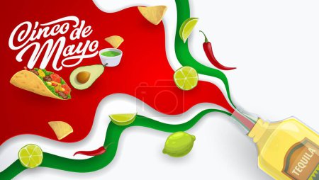 Téléchargez les illustrations : Cinco de mayo bannière mexicaine de papier de vacances avec couleurs vibrantes drapeau national, taco traditionnel, avocat, tequila et citron vert, nachos et guacamole avec jalapeno à l'intérieur du cadre vectoriel 3D stratifié - en licence libre de droit