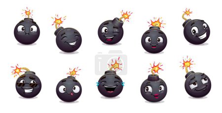 Illustration for Cartoon bomb characters. Explosive, weapon personages with cute smiling faces, fire sparks and wicks. Vector explosion emojis set of retro bomb or grenade black spheres with sunglasses and tongue - Royalty Free Image