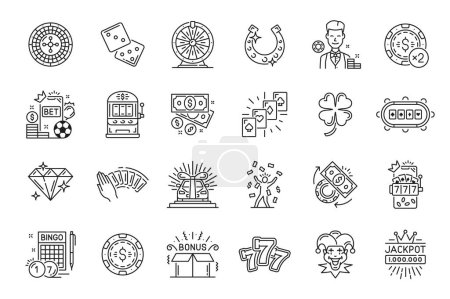 Illustration for Casino line icons. Gambling and Las Vegas leisure, casino jack pot winning and poker game outline pictograms with slot machine, playing cards, roulette, horseshoe and dealer, clover, chip and money - Royalty Free Image