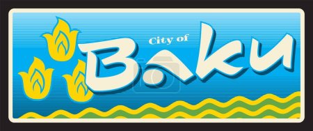 Téléchargez les illustrations : Ville de Bakou capitale de l'Azerbaïdjan et plus grande ville. Plaque ou autocollant de voyage vectoriel, panneau d'étain vintage, carte postale de vacances rétro ou panneau de voyage, étiquette de bagage. Plaque avec armoiries symboles - en licence libre de droit