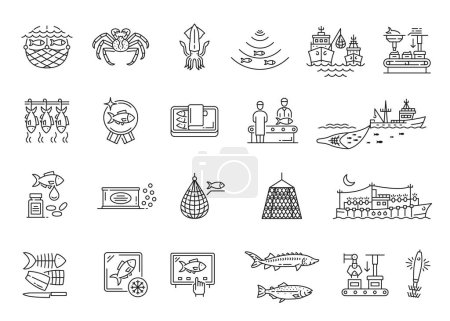 Illustration for Fishing industry line icons, fishery boat, fish market and seafood store, vector linear symbols. Sea fishing industry, fisherman net or fishnet, fish procession and food production equipment - Royalty Free Image