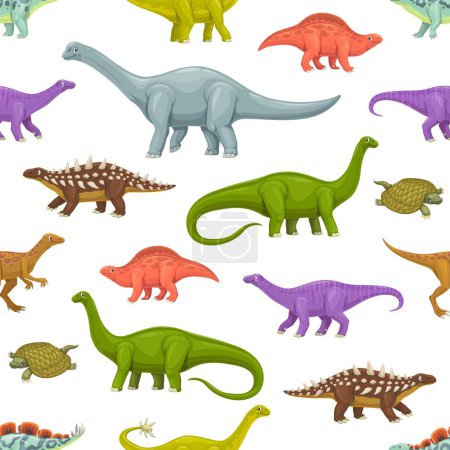 Ilustración de Dibujos animados dinosaurios personajes patrón sin costuras. Fondo divertido de tela, impresión de vector textil con personajes de dinosaurios Polacanthus, Eoraptor, Lotosaurus y Wuerhosaurus, Shunosaurus, Haplocanthosaurus - Imagen libre de derechos