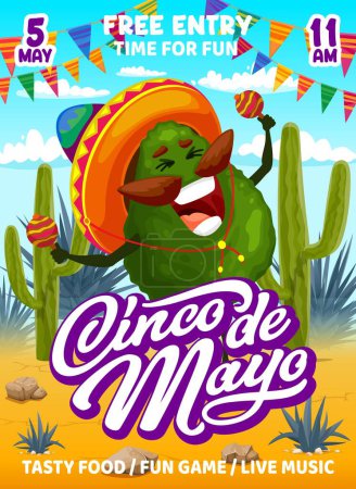 Illustration for Cartoon avocado character on cinco de mayo mexican holiday flyer. Vector invitation poster for event celebration with vegetable mariachi musician in sombrero playing maracas music in decorated desert - Royalty Free Image