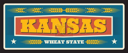 Plaque de voyage en métal de l'état du blé du Kansas, plaque américaine vintage. Panneau vintage pour destination de voyage, planche rétro avec typographie et épis de blé. Topeka capitale, Wichita panneau d'affichage de la ville