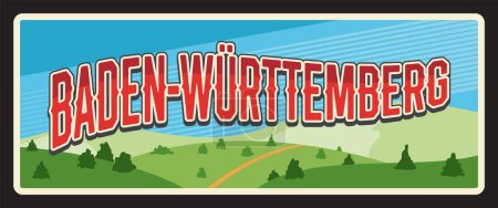 Illustration for Baden Wurttemberg German city travel plate sign with village scenery. Germany tourist destination signage, Deutschland plate. Europe landmark, road sign, German states metal plate with tagline - Royalty Free Image