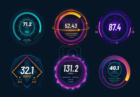 Illustration for Internet speed test and 5G speedometer dashboard, futuristic digital neon dials, vector gauge. Internet traffic fast test meter of digital network and website connection for download or upload Mbps - Royalty Free Image