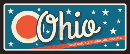 Illustration for Ohio US state retro travel plate, retro board, postcard, signboard Columbus capital. Vector touristic plaque. Motto with gold old things are possible, vintage banner. Sign for travel destination - Royalty Free Image