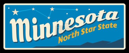 Minnesota north star state travel plate, USA tourism banner with constellation sign. Vintage postcard of Saint Paul capital, Minneapolis city. State in Upper Midwestern region of United States