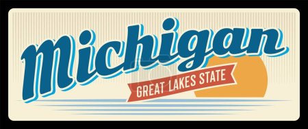 Illustration for USA state travel and tourism plate, banner with American Michigan state. Vintage sign and postcard of State in Great Lakes region of upper Midwestern United States, capital is Lansing - Royalty Free Image