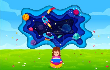Illustration for Girl reading a book and thinking about galaxy space. Universe landscape with paper cut waves. Imaginative child sitting on summer field, engrossed in a story, pondering wonders of interstellar travel - Royalty Free Image